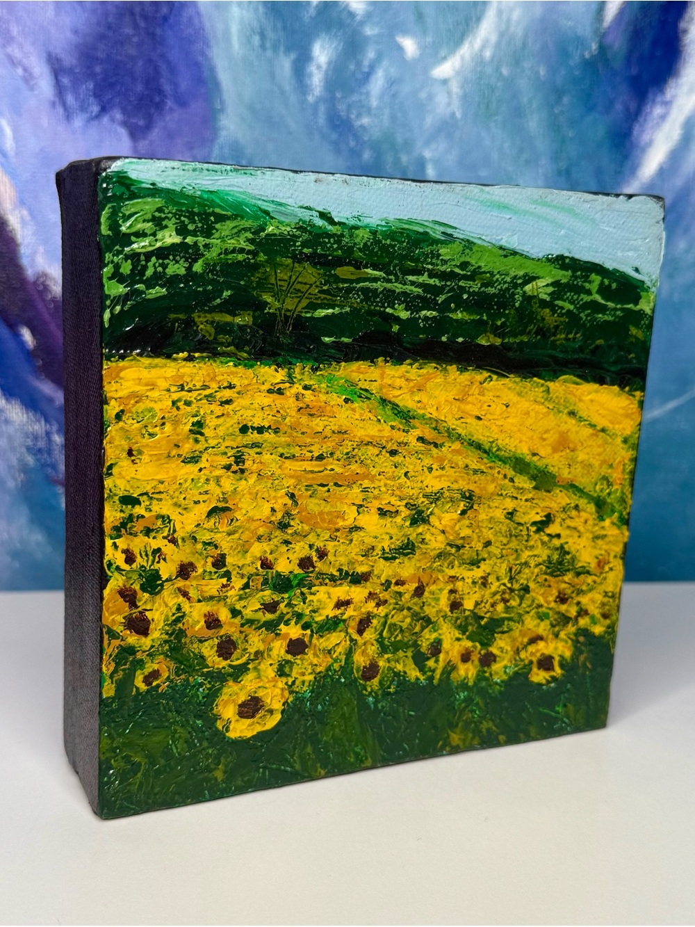 Sunflower Field Original Oil Painting 6x6 Canvas Signed BJ Sullivan 2004 Vintage